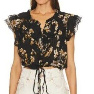 Free People Naya Top Black Fp One Printed Ruffle Blouse S & M